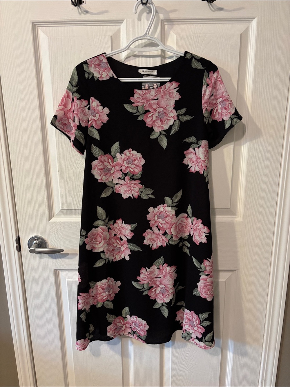 Black Mini Dress with Pink Floral Print